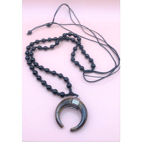 Beautiful Tiger Eye Moon Pendant on Black Obsidian Beaded Necklace - Picture 1 of 5